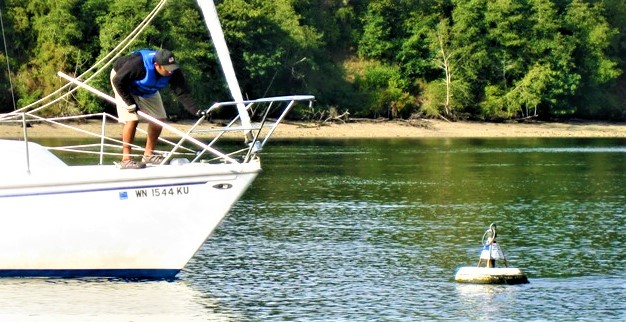 Sailboat picking up a mooring buoy