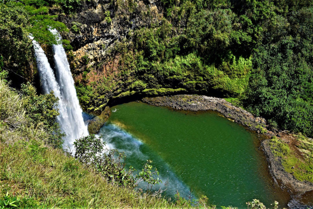 Aerial view of Secret Falls in Kauai, Hawaii