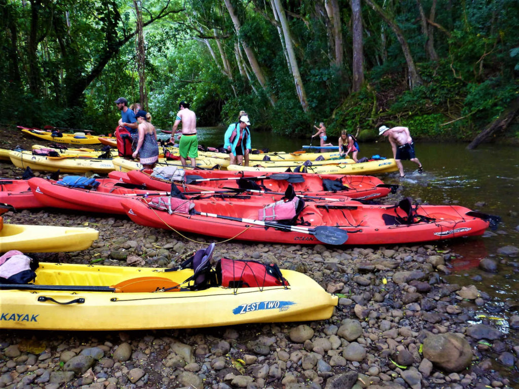 Kayaks beached on the Wailua River for the Secret Falls hike