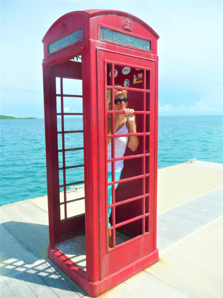 British phone booth converted to a shower on the docks at Leverick Bay, British Virgin Islands.