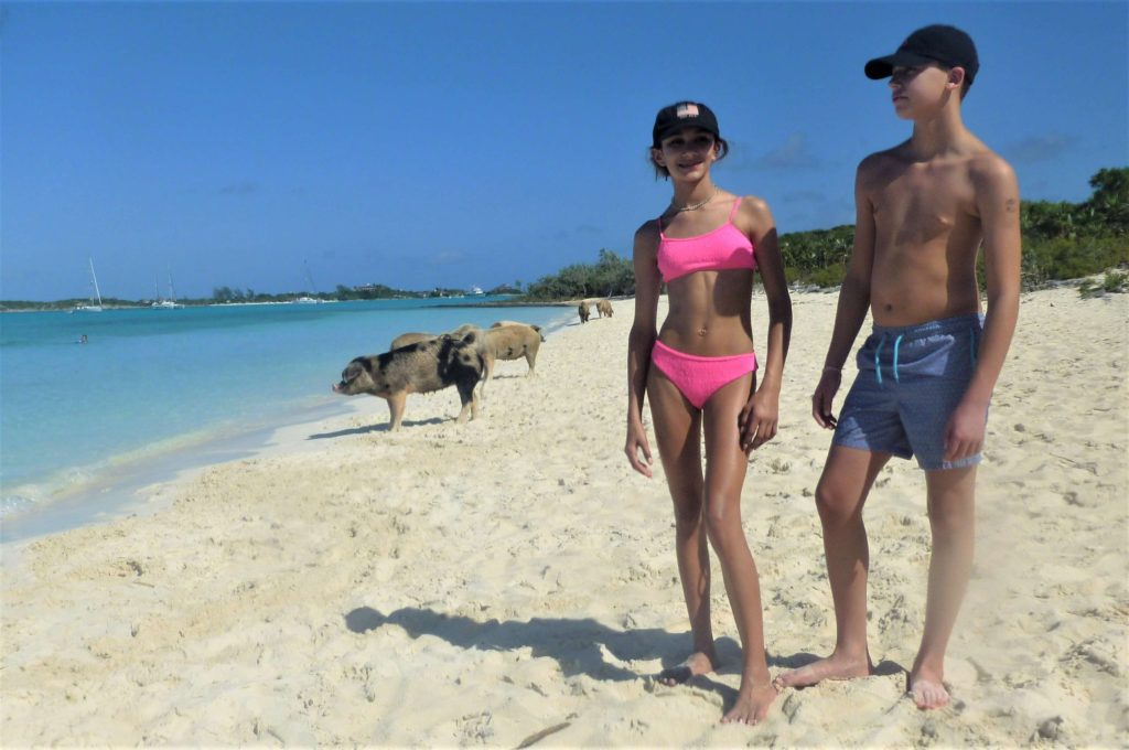 Kids posing in front of pigs on Pig Beach in the Exumas, Bahamas