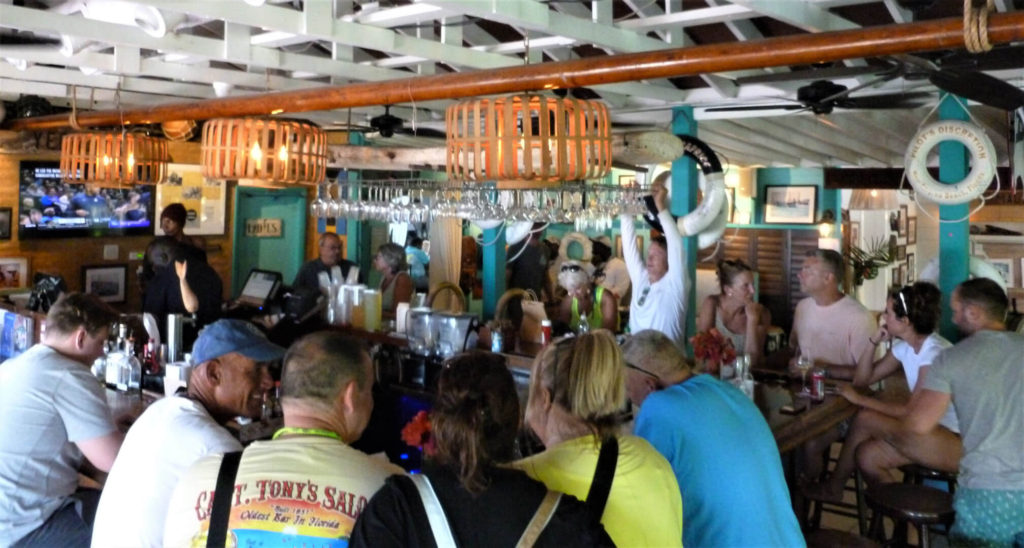 Crowded Staniel Cay Yacht Club Bar in the Exumas, Bahamas