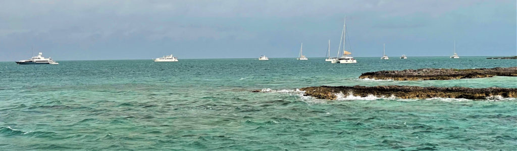 Yachts anchored off Highbourne Cay, Bahamas