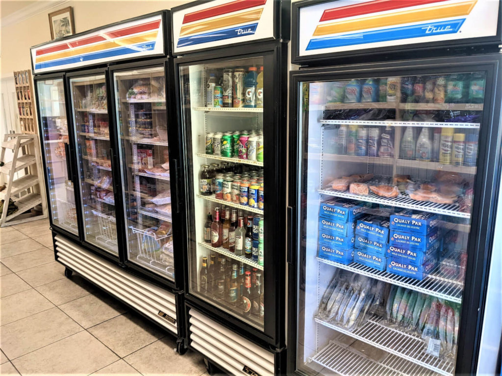 Beverage and bait coolers at Highbourne Cay store