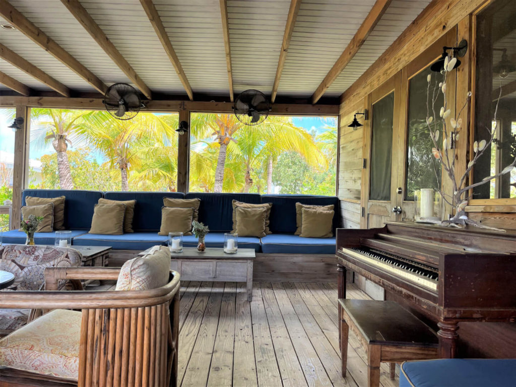 Porch at MacDuff's restaurant on Norman's Cay, Bahamas