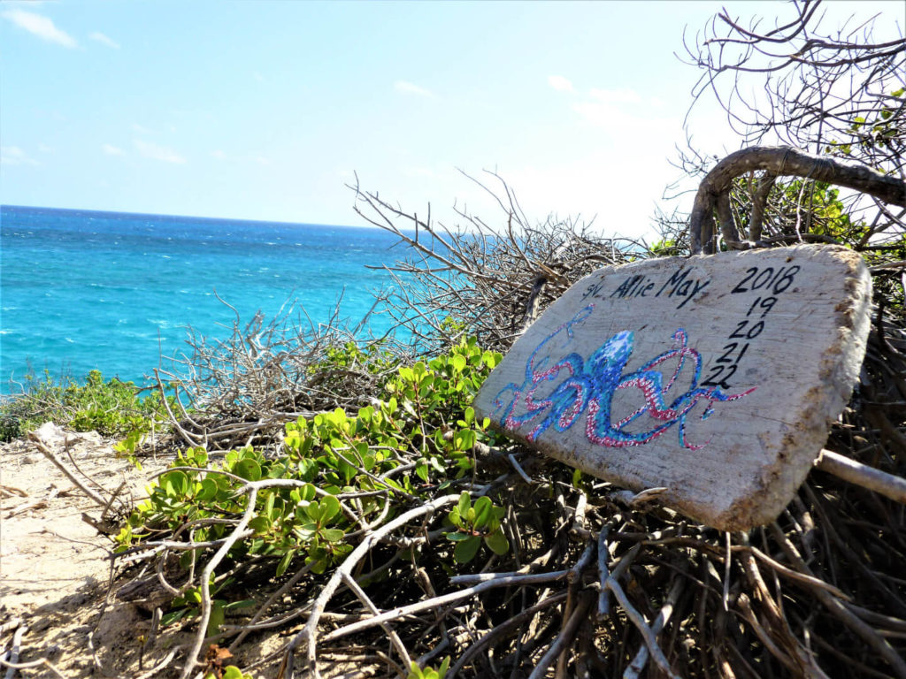 Driftwood marking the S/V Allie May overlooking Exuma Sound