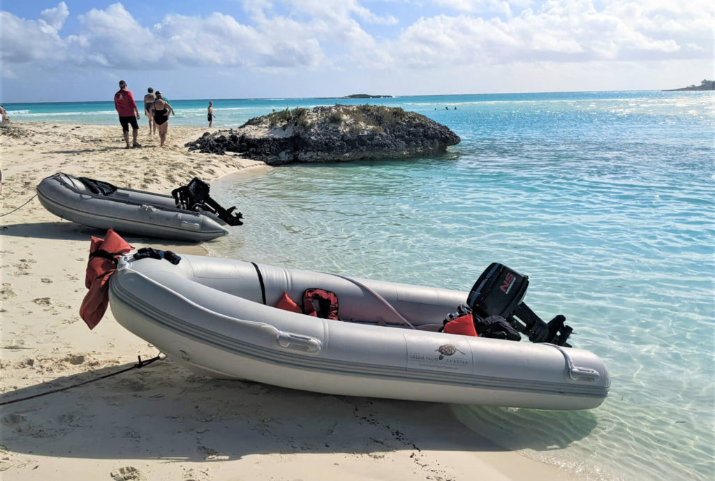 Dinghies beached at the eastern mouth of Shroud Cay tidal creek