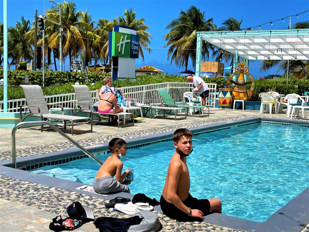 Pool deck at Holiday Inn Express Junkanoo Beach.  Nassau, Bahamas