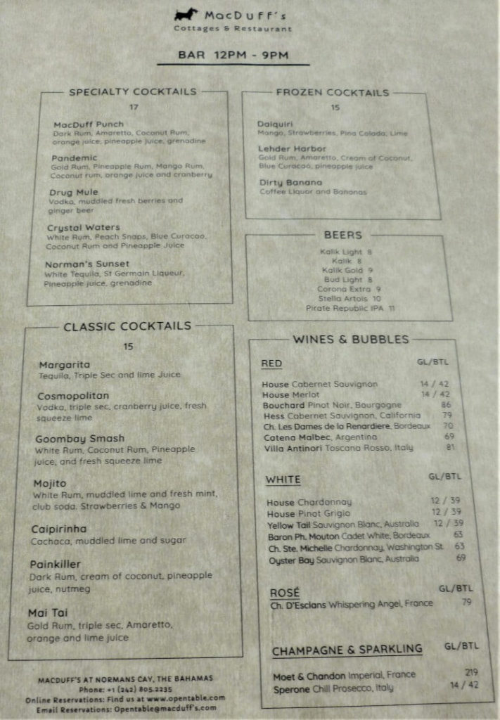 Bar menu at MacDuff's Restaurant on Norman's Cay, Bahamas