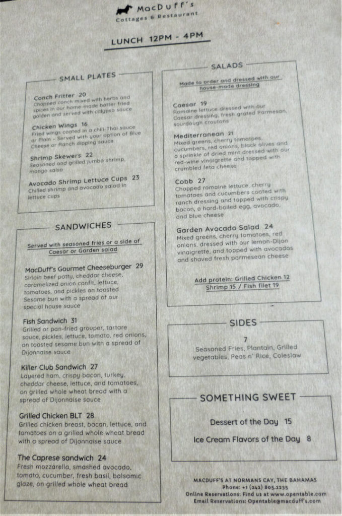 Lunch menu at MacDuff's Restaurant on Norman's Cay, Bahamas