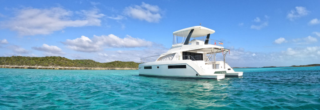 Moorings Leopard 43 PC Power Catamaran anchored at O'Brien's Cay in the Exuma Cays Land and Sea Park