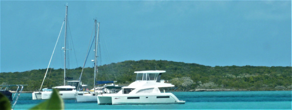 Lagoon 433 PC Power Catamaran anchored at Staniel Cay Yacht Club, Exumas, Bahamas