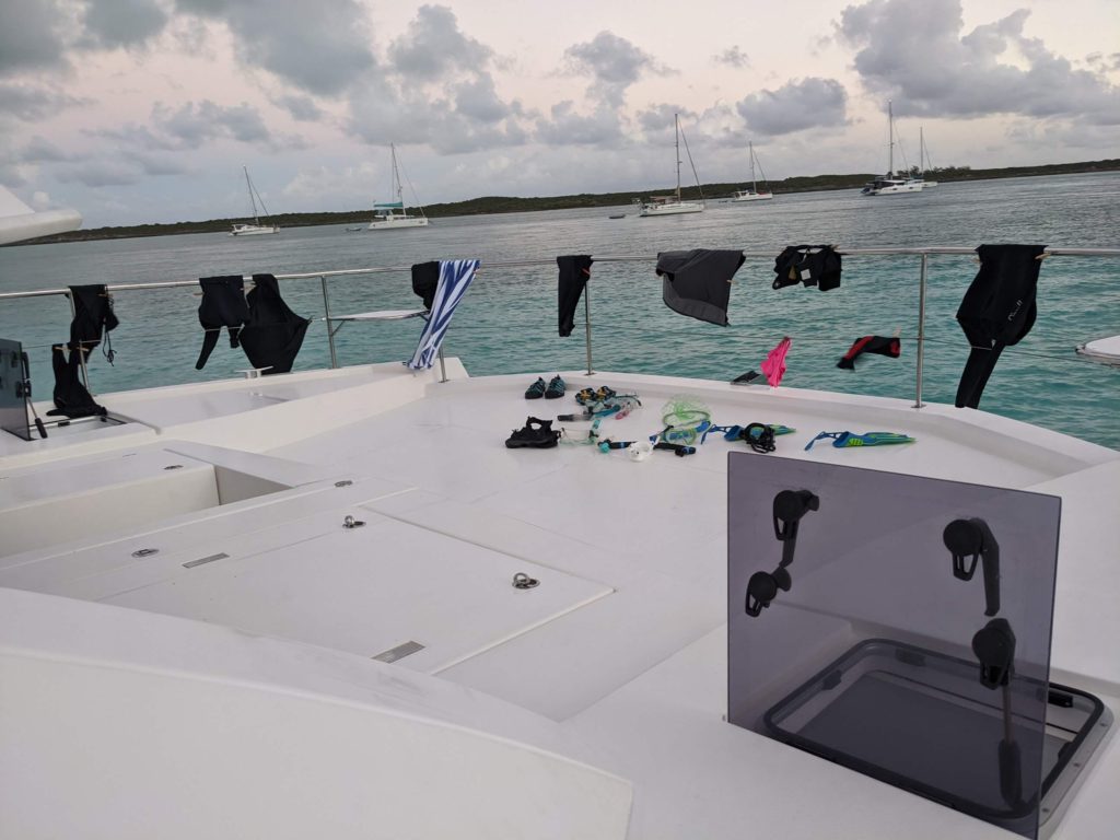 Clother and gear drying on the Leopard 43 Powercat bow