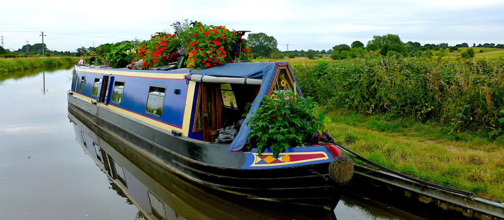 Floral arrangements on moored UK narrowboat in the English countryside