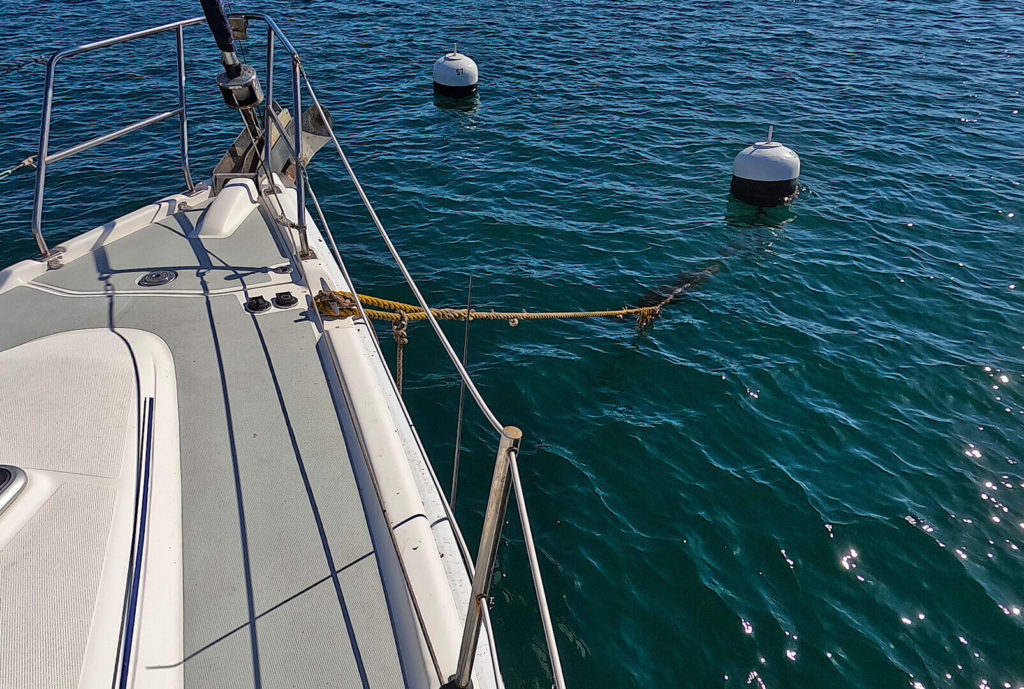 Catalina mooring lines on bow of Hunter 36 in Avalon